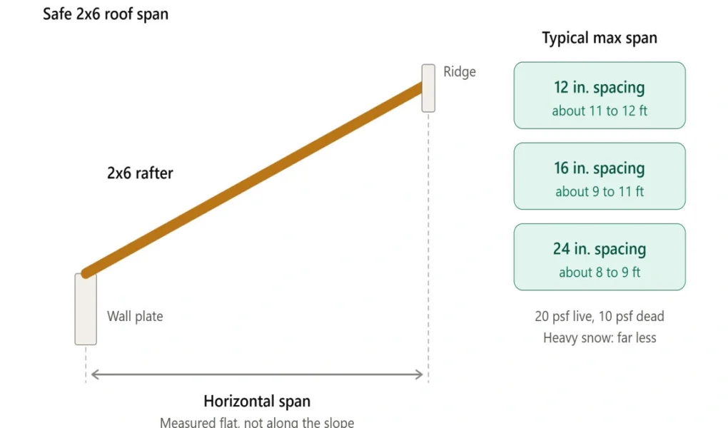 how far can you span a 2x6 for a roof