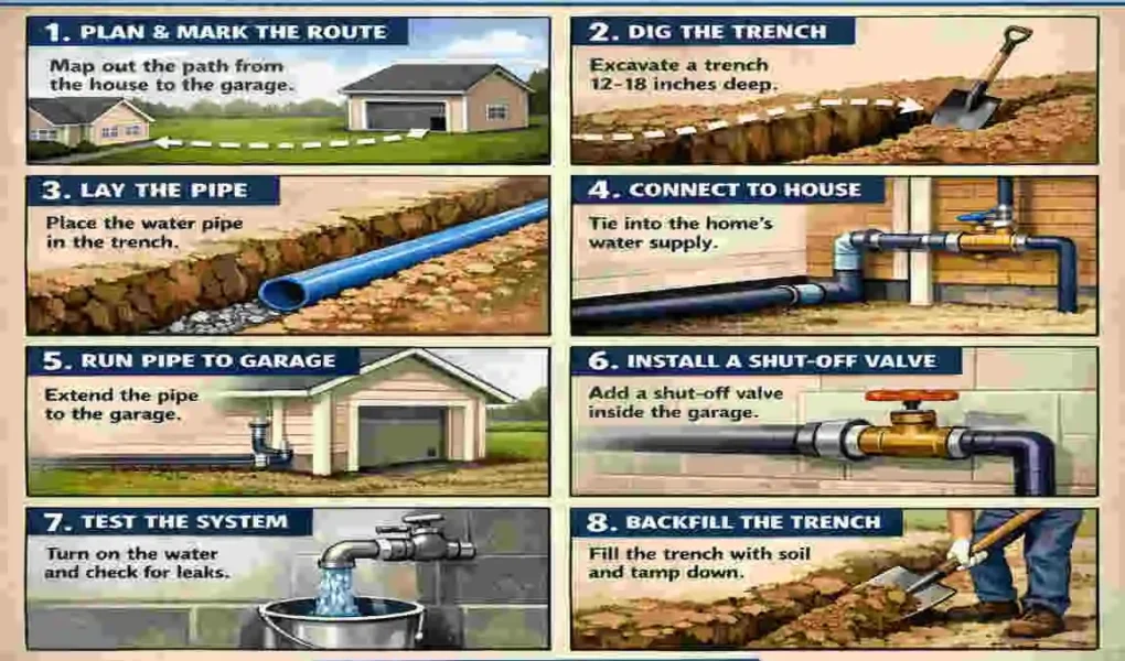 how to run a water line to a detached garage