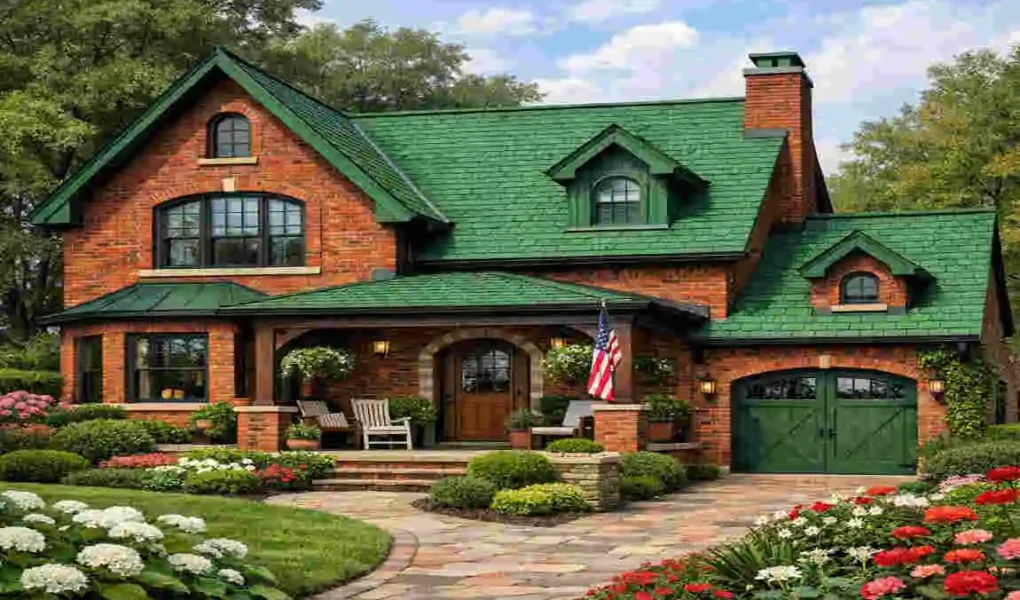 red brick house with green roof