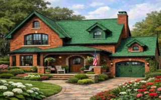 red brick house with green roof