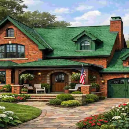 red brick house with green roof