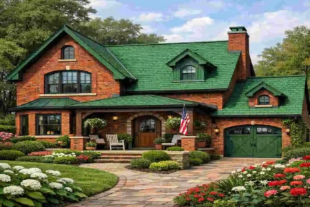 red brick house with green roof