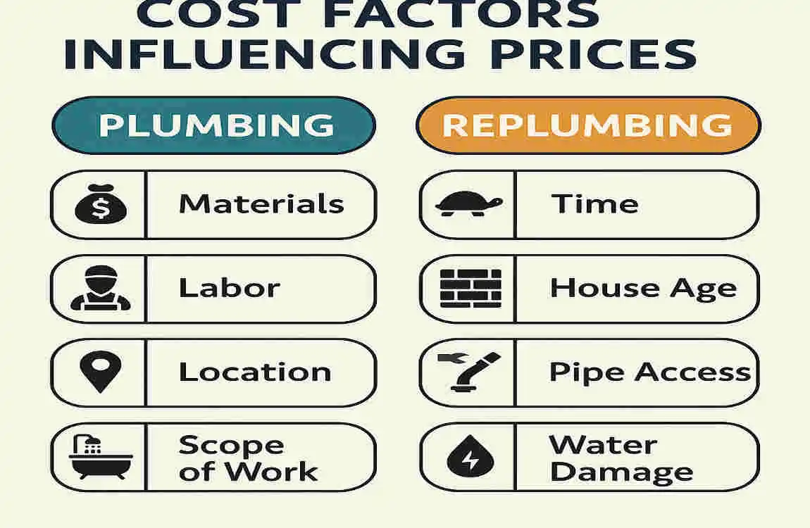 difference between plumbing and replumbing house cost