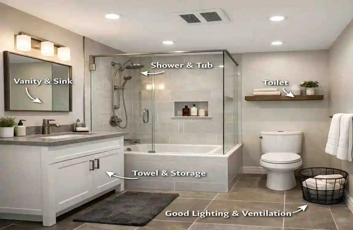 What fixtures are needed for a bathroom?